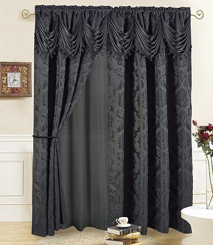 Jacquard Window Curtains 2 Panel Set with Attached Valance Sheer Backing and Two Tie Backs 108 x 84 Inches Long Halloween Curtains Elegant Fancy Design Perfect for Living Room and Bedroom (Black) - Black - 54"W x 84"L (Pack of 1)