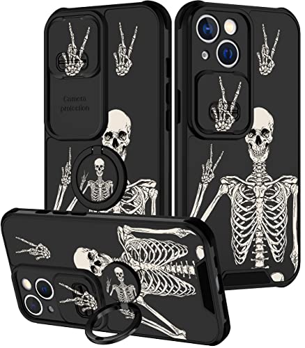 Goocrux (2in1 for iPhone 13 Mini Case Skull Skeleton Women Girls Cute Gothic Phone Cover Horror Design with Slide Camera Cover+Ring Holder Funny Spooky Boys Black Cases for iPhone 13Mini 5.4'' - Yes Skull - for iPhone 13 Mini