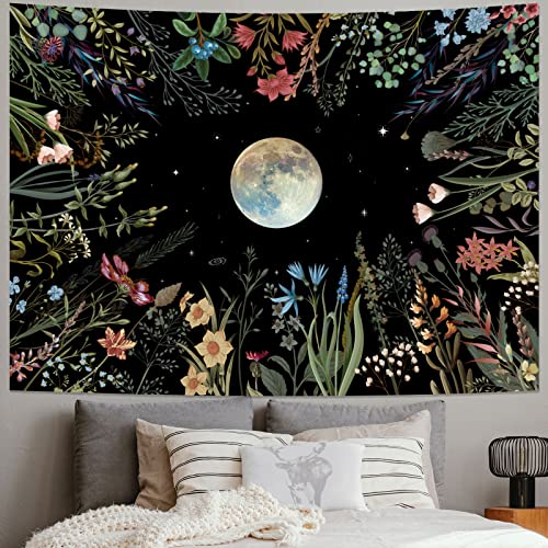 Amhokhui Moonlit Garden Tapestry Moon Tapestry Flower Tapestry Colorful Plants Tapestry Black Tapestry Floral Tapestry Wall Hanging Decor for Room - 59.10"×51.20" - Moonlit Garden