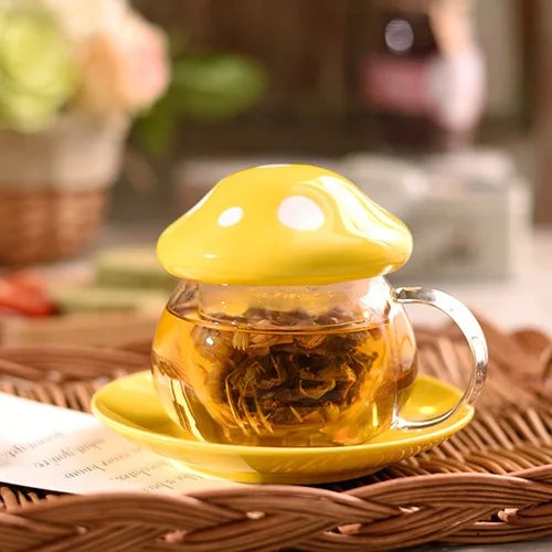 Cute Mushroom Ceramic Glass 290ml Tea Mug with Saucer Gift Set - Yellow Set / As shown in the figu