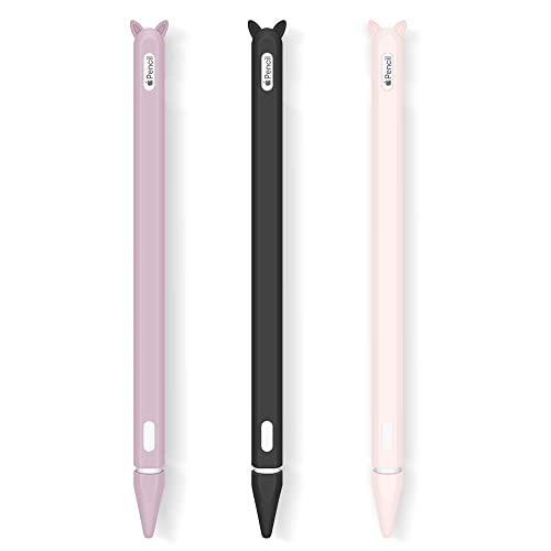 3 Pack Case for Apple Pencil 2nd Generation Holder Sleeve Skin Cover Accessories for iPad Pro 11 12.9 inch 2018,Silicone Cute Cat Grip Pouch Cap Holders and 3 Protective Nib Covers-Black,Pink,Purple