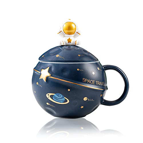 Yalucky Kawaii Astronaut Cup Space Embossed Planet Mug, Cute Ceramic Coffee Mug, Novelty Mug with Lid and Spoon for Coffee, Tea, Milk, Aesthetic Room Decor Funny Gift for Girl Boy Women (Dark blue) - Dark Blue