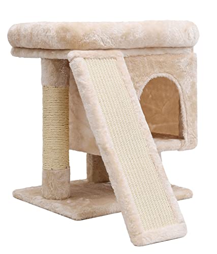 SYANDLVY Small Cat Tree for Indoor Large Cats, Kittens Condo with Scratching Post and Board, Modern Activity Tower with Cave (Beige) - Beige