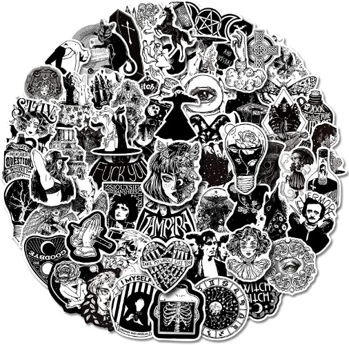 100pcs Cool Gothic Stickers for Adults, Boys, Anime Goth Stickers Vinyl Punk Skull Stickers for Water Bottles, Black White Stickers Horror Decals for Laptop, Halloween Stickers Decor - A-100pcs