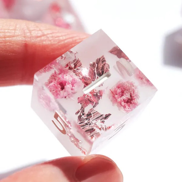 Pale Primavera - pastel pink handmade resin sharp edge dice set with real flowers for DnD, D&D, Dungeons and Dragons, RPG dice, floral dice
