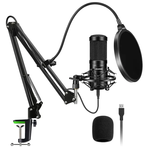 USB Microphone,Aokeo AK-60 192kHZ/24bit PC Gaming Microphone with Arm Stand, Shock Mount, Pop Filter, Foam Cover, for podcast,streaming,studio, Karaoke,Recording
