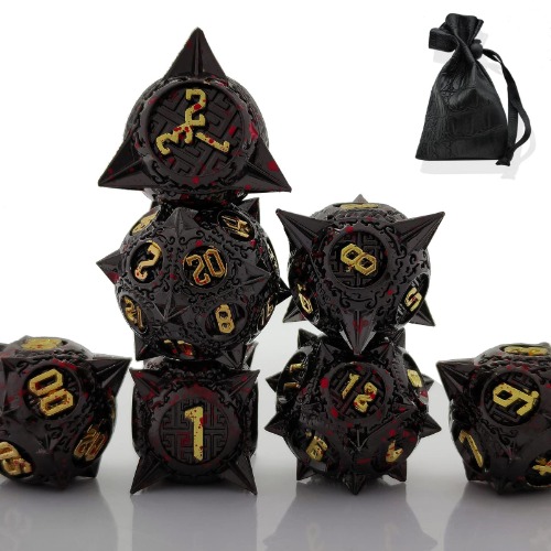 WZLHJRAR Metal DND Dice Set - Round Pointed Cool Dice D&D Dungeons & Dragons Board Game Gift Polyhedron Dice Accessories MTG Pathfinder D20 Set 7/Free Leather Storage Bag (Black + Gold + Blood)
