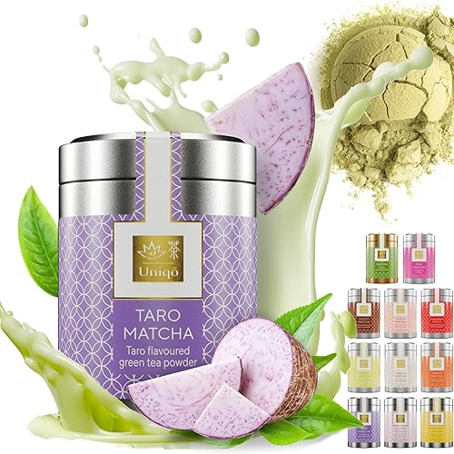 Tea Uniqo – Taro Matcha Pulver – Matcha Latte Pulver mit Tarowurzel Geschmack, Ideal für Bubble Tea o. pur, ohne künstliche Farbstoffe in edler Dose - Taro Matcha