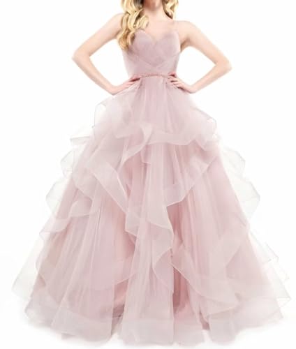 Sparkly Tulle Ball Gowns for Women Long Glitter Prom Dresses Spaghetti Straps Quinceanera Dress Sweet 16 Dress - Light Pink 