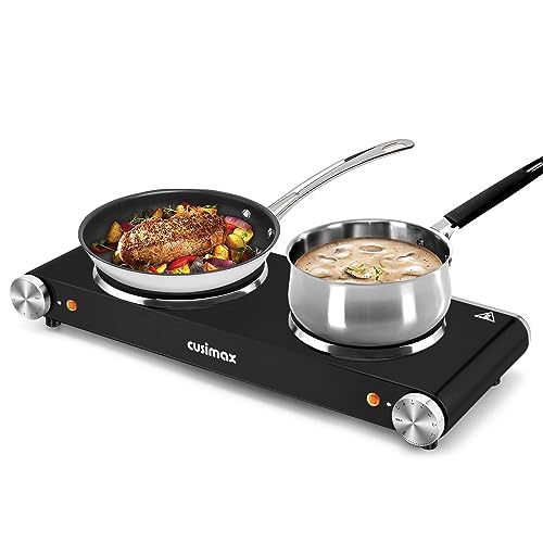 Double Hot Plates, CUSIMAX 1800W Double Burner, Portable Electric Hot Plate for Cooking, Countertop Cooktop, Cast Iron Stove, Heating Plate, Compatible for All Cookwares, Upgraded Version - Glossy Black - Double Burners