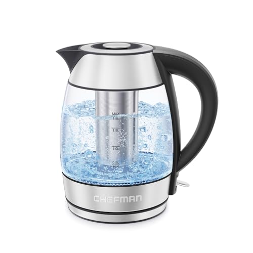Chefman Electric Glass Kettle,Fast Boiling Water Heater w/Auto Shutoff &Boil Dry Protection, Separates from Base for Cordless Pouring, BPA Free,Removable Tea Infuser Included,1.8 Liters,Clear,Stainless -Tea Infuser,Stainless -Tea Infuser