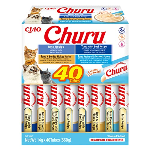 Churu by INABA Cat Treat - Tuna Variety Box - 1 Pack (40 x 14g total) / Soft & Creamy Cat Treat, Delicious & Healthy Snack, Purée Food Topper, Natural, Grain Free - Tuna - 40-Tube Pack (560g Total)