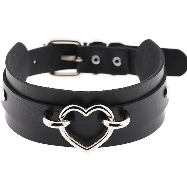 'Love Hurts' Faux Fake Leather Heart Choker - Silver Black