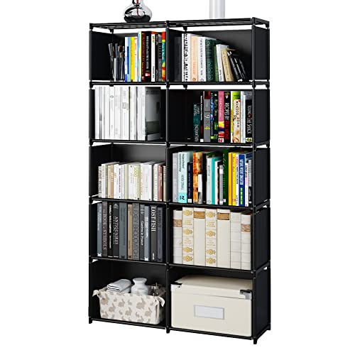 MOYIPIN Bookshelves, Assembled Storage Rack, Bedroom Living Room Vertical Cabinet Bookshelf, Double Row 10-Grid Multi-Functional Storage Equipment (Black) - Black - 10-Grid