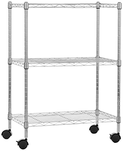 Amazon Basics 3-Shelf Narrow Adjustable, Heavy Duty Storage Shelving Unit on 2'' PP Plastic Wheel Casters, Metal Organizer Wire Rack, Chrome, 23.2" L x 13.4" W x 32.75" H - 3-Shelf Narrow - With Wheels - Chrome
