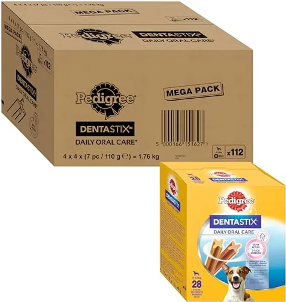 Pedigree DentaStix Daily Oral Care Zahnpflegesnack für kleine Hunde (5–10kg), 112 Stück (1 Großpackung) – Hundeleckerlis mit Huhn– & Rindgeschmack für jeden Tag, für gesunde Zähne