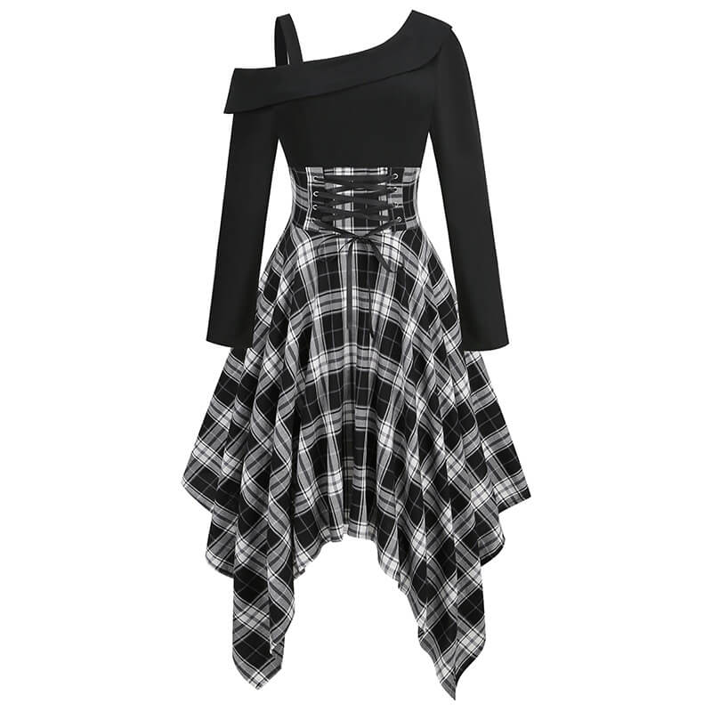 Irregular Plaid Lace Up One Shoulder Dress - Black - Back Order / 2XL (Bust 106cm)