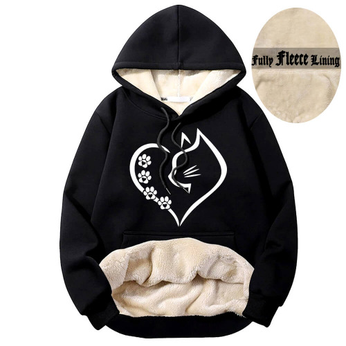Cat In Heart Pattern Warm Fleece Sherpa Lined Hoodie - Black / 2XL (Bust 112 cm)