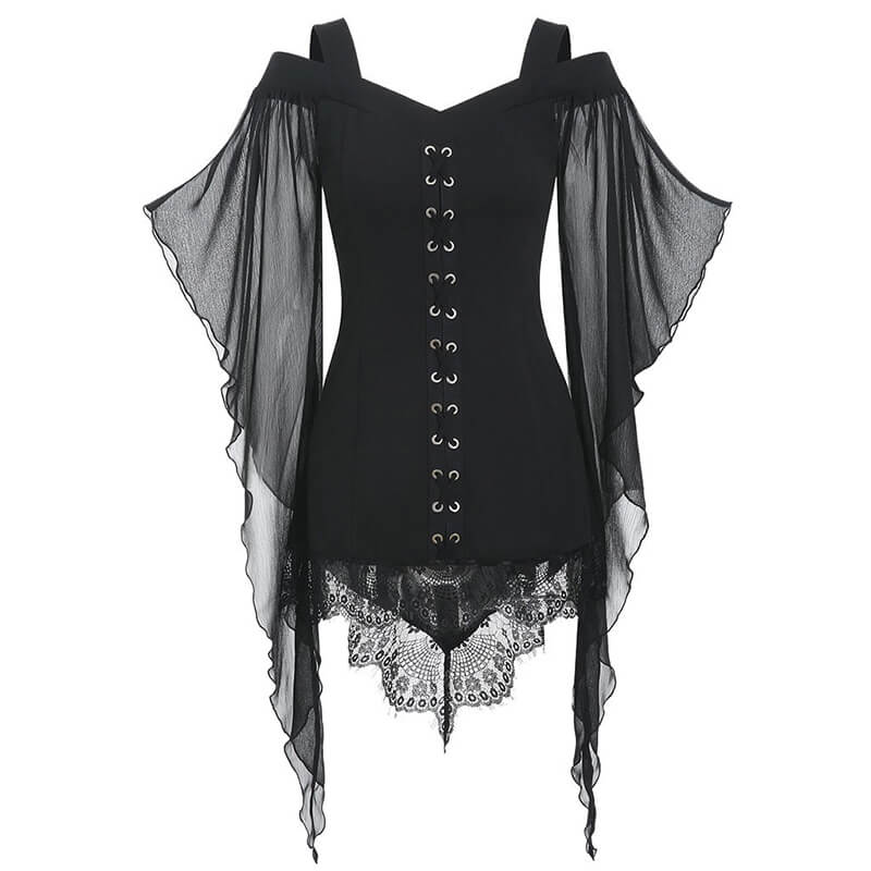 Butterfly Wing Sleeve Polyester Gothic Top - Black / 2XL - Bust 116 cm