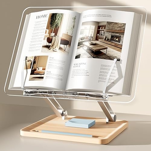 Adjustable Acrylic Book Stand for Reading, UPERGO Book Holder with Pen Slot, Foldable Desktop Riser for Laptop, Recipe, Textbook - Hands-Free,Cookbook Stand, Clear Design with Page Clips - Clear Acrylic