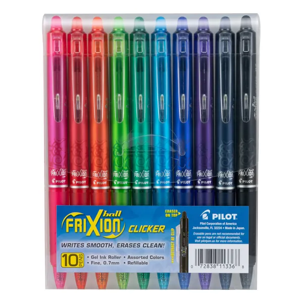 PILOT FriXion Clicker Erasable, Refillable & Retractable Gel Ink Pens, Fine Point, Assorted Color Inks, 10-Pack Pouch (11336) - 10 Count (Pack of 1) Bright Assorted
