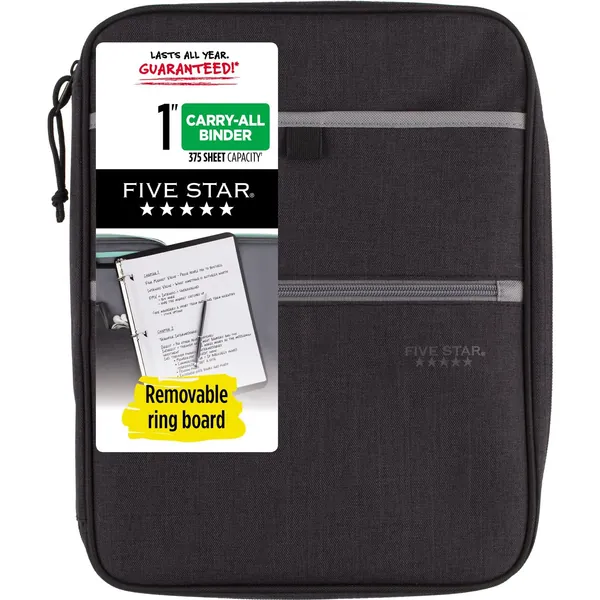 Five Star Zipper Binder, 1 Inch 3-Ring Binder, Carry-All with Internal Pockets and Dividers, 225 Sheet Capacity, Heathered Black/Gray (29092IT8) - Black/Gray Binder