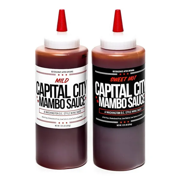 Capital City Mambo Sauce - Variety 2 Pack - Sweet Hot & Mild | Washington DC Wing Sauces | Perfect Condiment Topping for Wings, Chicken, Pork, Beef, Seafood, Burgers, Rice or Noodles | 12 oz Bottles (2 Pack) - 