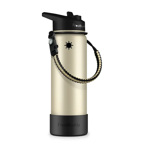 Frost Buddy 24oz Buddy Water Bottle with Straw, Lid & Paracord Handle | 24-Hour Coldest Insulated Water Bottle | 24 oz Leak Free | Stainless Steel Water Bottle for Traveling, Sports & Errands in Tan - 24oz Tan