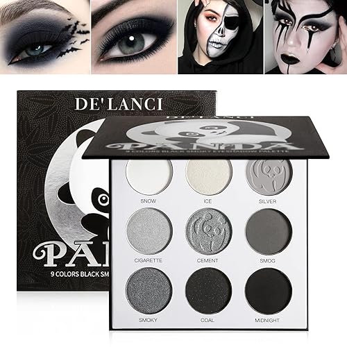 DE’LANCI PANDA Black Smokey Eyeshadow Palette Makeup,9 Colors Black Silver Gray White Eyeshadow Makeup Palette,Highly Pigmented Gothic Makeup Matte Glitter Eyeshadow Palette for Girls and Women
