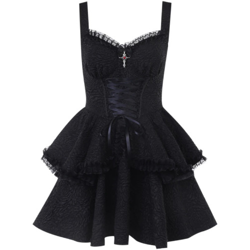'Till Death' Black Elegant Goth Lace Trim Dress - Black / M