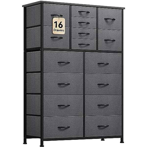 YITAHOME 16 Drawer Dresser, Tall Fabric Dresser for Bedroom, Large Chest of Drawers, Gray Dresser for Bedroom Closet Living Room Entryway with Sturdy Metal Frame and Wooden Top (Black Gray) - Black Gray-Large
