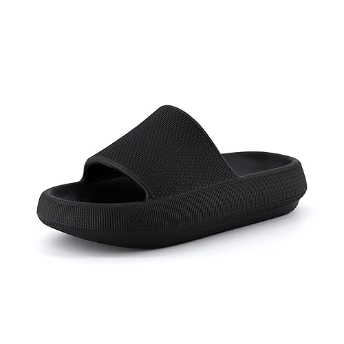 CUSHIONAIRE Feather Slides – Comfortable Cloud Cushion House Slippers for Women, Indoor Outdoor EVA Foam Foot Spa Shower Shoes, Non-Slip Arch Support - 8 - Black
