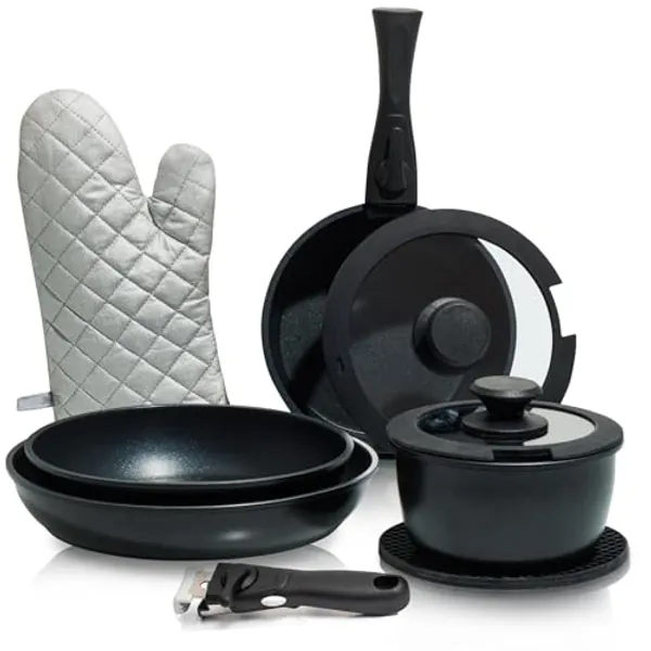 Moss & Stone 10 Pcs Black Pots And Pans Set Removable Handle, Induction Cookware Set, Stackable Pots And Pans Set Dishwasher Safe, Detachable Handle Pots And Pans, Camping Cookware Set Non Stick