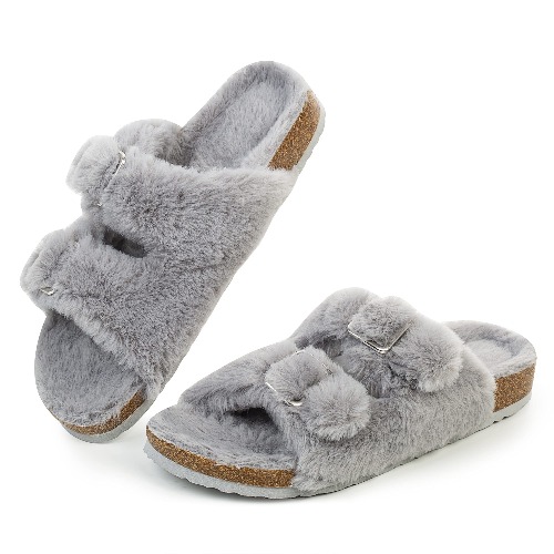 FITORY Womens Open Toe Slipper with Cozy Lining,Faux Rabbit Fur Cork Slide Sandals Size 6-11 - 7 Grey