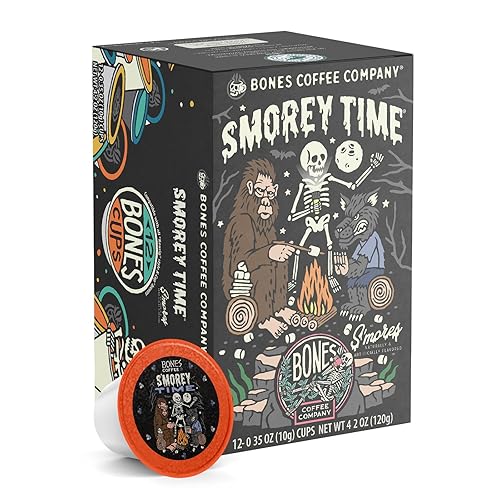 Bones Coffee Company Flavored Coffee Bones Cups S'morey Time S'mores and Graham Crackers | 12ct Single-Serve Coffee Pods Compatible with Keurig 1.0 & 2.0 Keurig Coffee Maker - S'mores & Graham Crackers Coffee - 12 Count (Pack of 1)