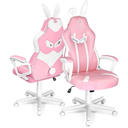 JOYFLY Pink Gaming Stuhl Bürostuh Computerstuhl PU-Leder Ergonomische Gamer Stühle mit Süßen Hasenohren und Schwanz Höhenverstellbar Lordosenstütze(Rosa) - Rosa