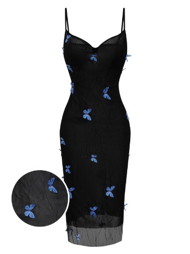 Black 1930s Butterfly Mesh Strap Dress | Black / M / 4~6