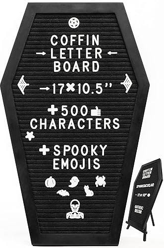 Coffin Letter Board Black With Spooky & Seasonal Emojis +550 Characters, Wooden Stand - 17x10.5 Inches - Coffin Shaped Goth Decor Sign Witchy Halloween Decorations Gothic Decor Birthday Wedding Home Spooky Gifts - Black