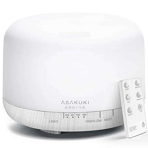 ASAKUKI 500ml Premium Essential Oil Diffuser with Remote Control, 5 in 1 Ultrasonic Aromatherapy Fragrant Oil Humidifier Vaporizer, Timer and Auto-Off Switch (White) - White