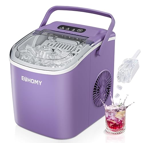 EUHOMY Countertop Ice Maker Machine with Handle, 26lbs Per Day, 9 Ice Cubes Ready in 6 Mins, Auto-Cleaning Portable Ice Maker with Basket and Scoop, for Home/Kitchen/Camping/RV (Purple) - ICE MACHINE - 11.57"D x 11.42"W x 8.74"H - Purple
