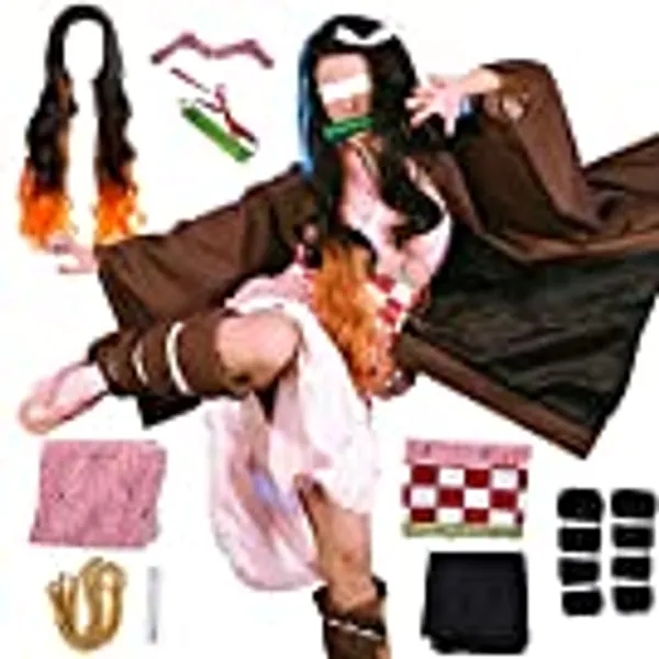 Kamado Cosplay Costume Outfit Kimono with Hairwear and Bamboo