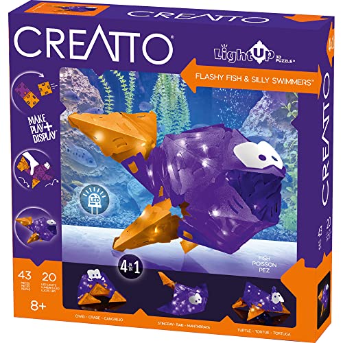 Creatto Flashy Fish & Silly Swimmers Light-Up 3D Puzzle Kit | Includes Creatto Puzzle Pieces to Make Illuminated Craft Creations, Sting Ray, Turtle, Crab, Fish | DIY Activity & LED Lights - Flashy Fish