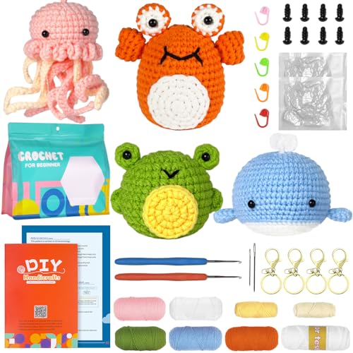 Timgle 4 Pcs Easy Beginners Crochet Kit Crochet Starter Kit Beginner for Adults Kids DIY Craft with Step by Step Video Yarns Crochet Hook Gift for Crochet Lovers(Crab, Jellyfish, Whale, Frog) - Crab, Jellyfish, Whale, Frog