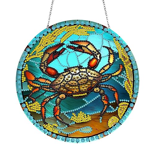 LUSandy DIY 5D Crab Diamond Painting Kits Hanging Sign Wall Art Sign Crab Diamond Art Suncatcher Window Hanging Ornament Window Pendants for Adults Home Garden Wall Door - Crab