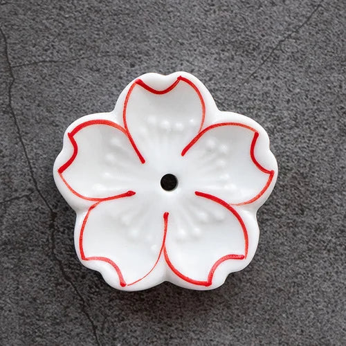 Cherry Blossom Cute Ceramic Floral Incense Burner - White Red Edge