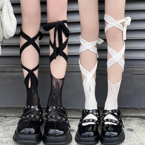 Black/White Lolita Tie Lace Fishnet Socks - White / 80-85cm