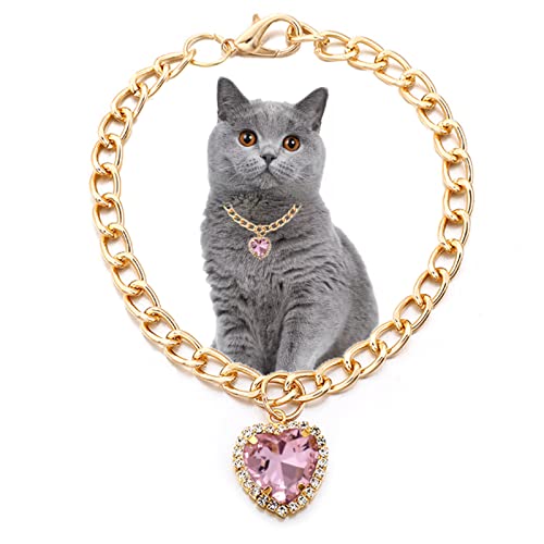 SOGAYU Cat Necklace Collar with Heart Rhinestone Pendant, Lightweight Adjustable Shine Diamond Cute Girl Wedding Birthday Party Pet Necklace Costume Accessories for Kittens Puppy Small Dog (Pink) - Pink