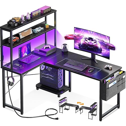 AODK L Shaped Desk Gaming Desk with LED Light & Power Outlet, 43 Inch Reversible L Shaped Computer Desk with Shelf, Corner Desk with Storage Bag&Hook for Home Office Desk, Black - Black - 43 inch