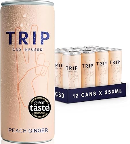 TRIP CBD Drink, Sparkling Peach Ginger Fizzy Drink, Low Calorie, Vegan, Stress & Anxiety Relief (Pack of 12 x 250ml) - Pack of 12