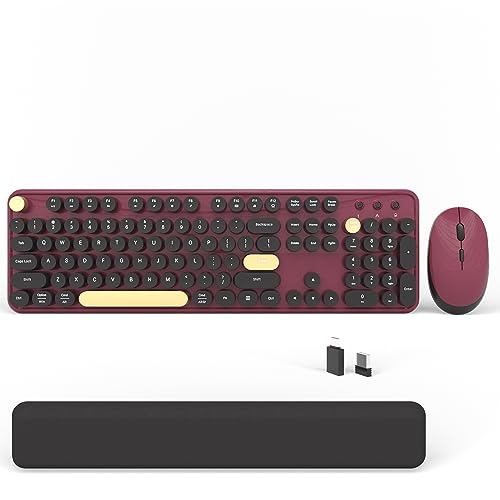 Wireless Computer Keyboards Mouse Combos, COVEVA Colorful Typewriter Retro Keyboard with Round Keycaps, USB Keyboard and Mouse Set 2.4GHz Full-Size Wireless Keyboard and Optical Mouse（Black-Claret） - Claret-Red